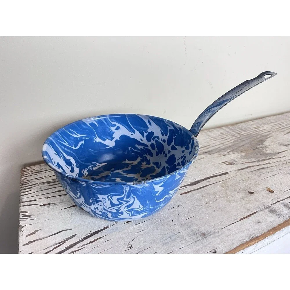 Vintage Primitive Blue Slatterware Enamelware Saucepan W/Handle Rustic Home